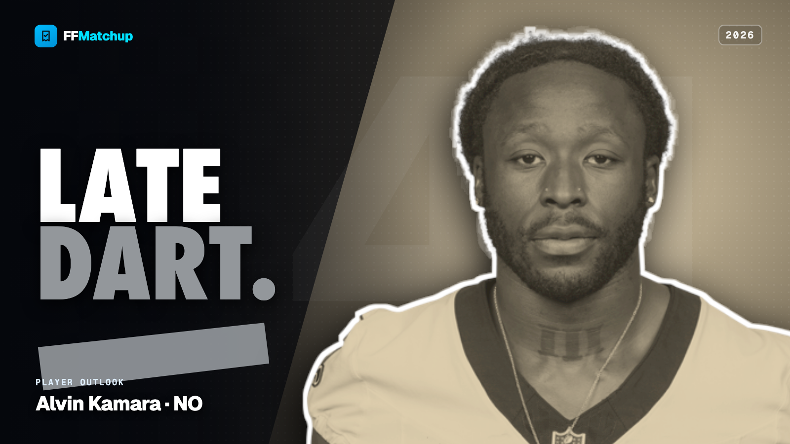 FFMatchup 2026 player graphic for Alvin Kamara of the New Orleans Saints.