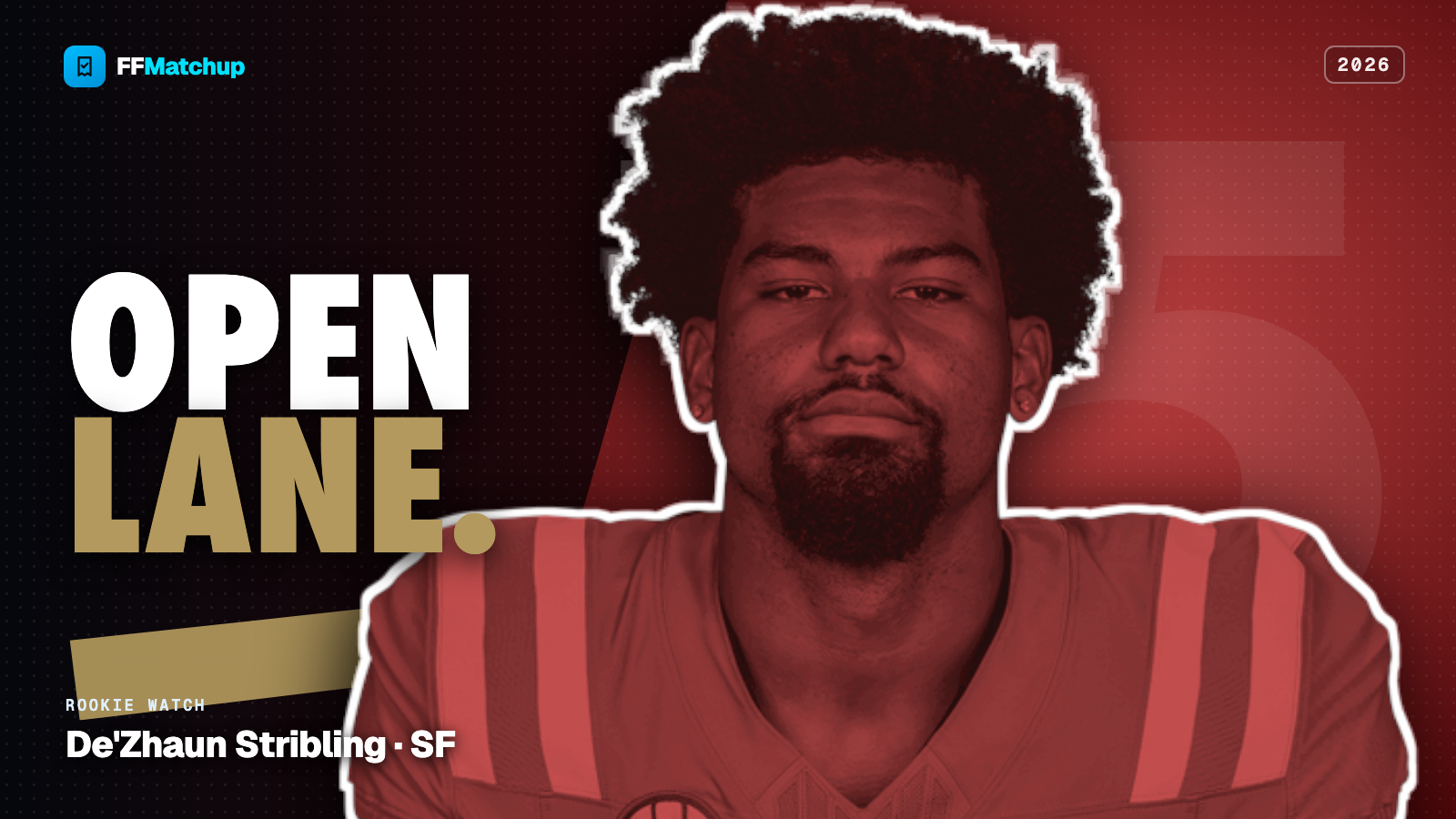 FFMatchup 2026 player graphic for De'Zhaun Stribling, the San Francisco 49ers rookie wide receiver.