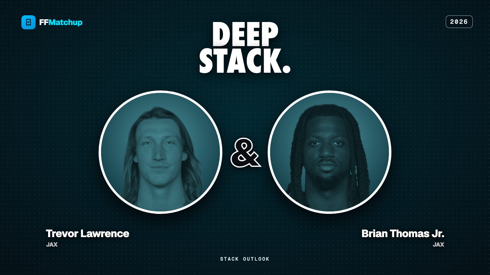FFMatchup 2026 player graphic for Trevor Lawrence and Brian Thomas Jr. of the Jacksonville Jaguars.