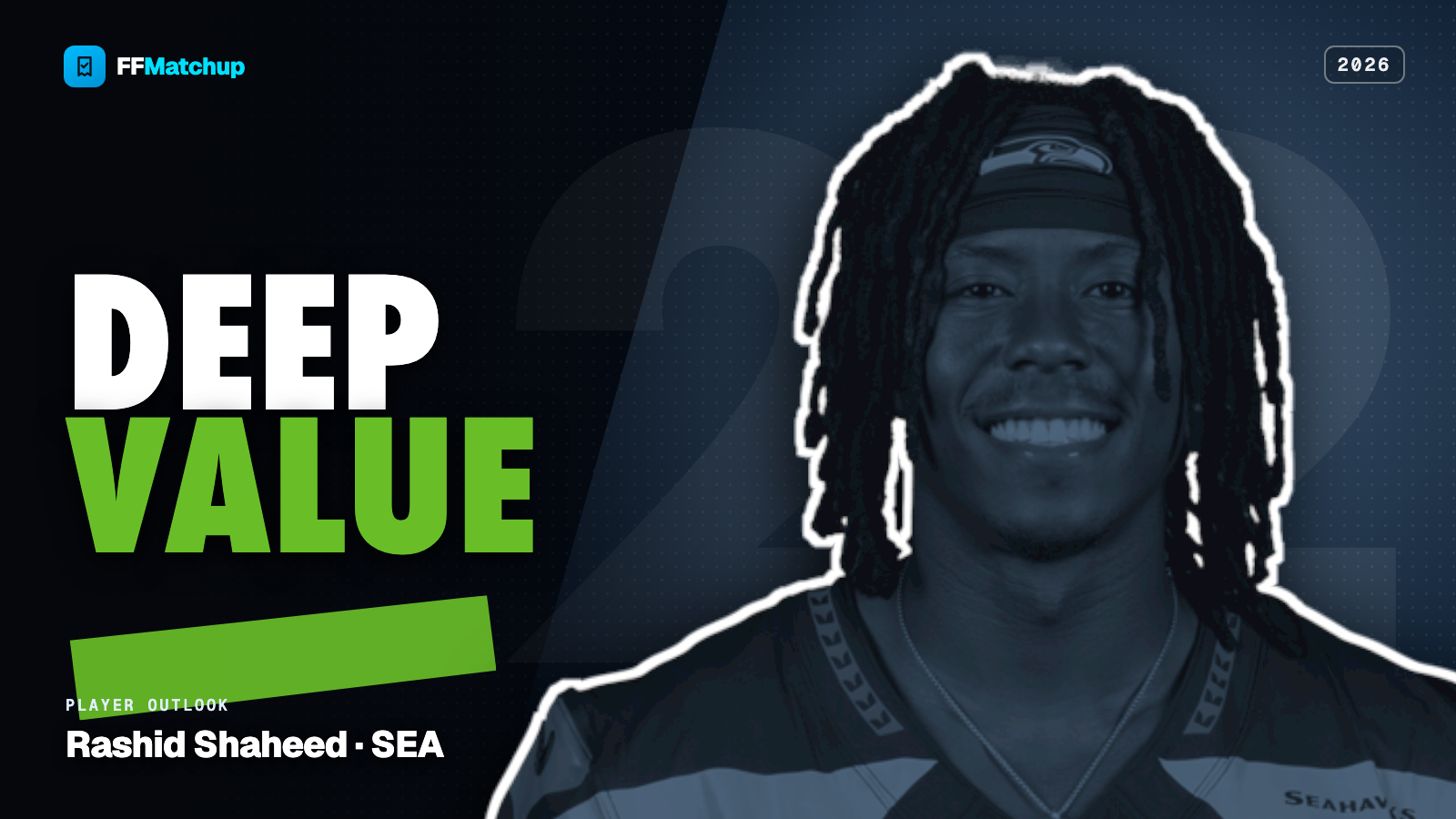 FFMatchup 2026 player graphic for Rashid Shaheed of the Seattle Seahawks.